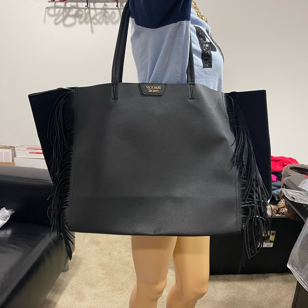Victoria's Secret Black Faux Leather Fringe Pebbled Large Travel Carry On Tote